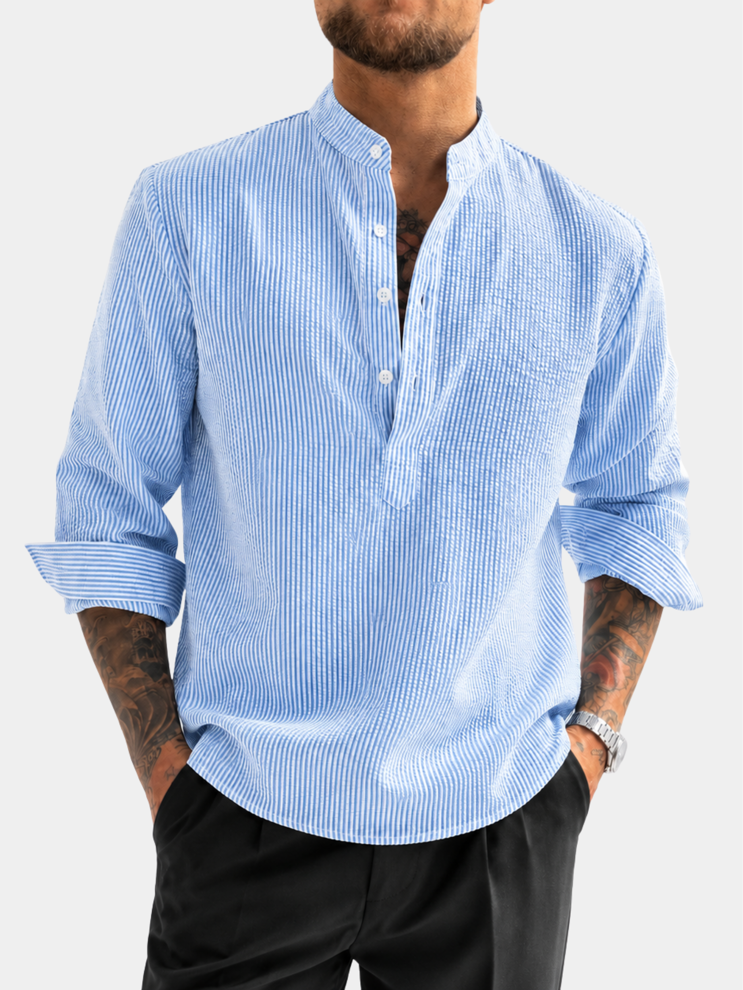 LAURENT MONACO | CHEMISE À COL MONTANT À RAYURES POUR HOMMES