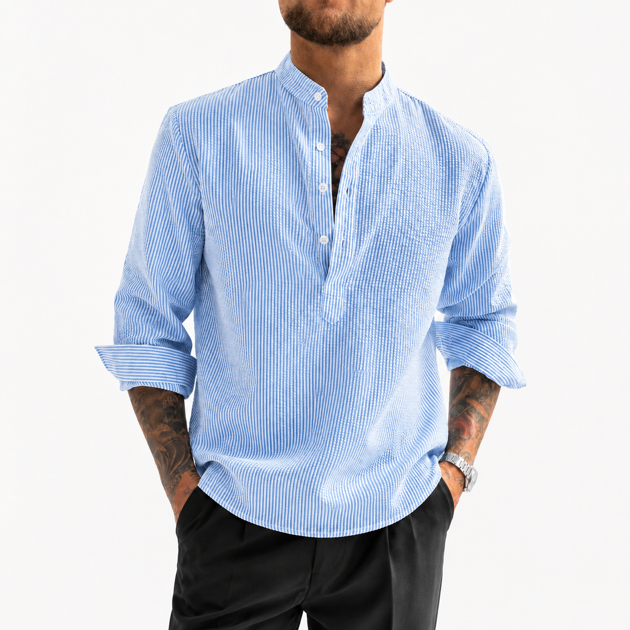 LAURENT MONACO | CHEMISE À COL MONTANT À RAYURES POUR HOMMES