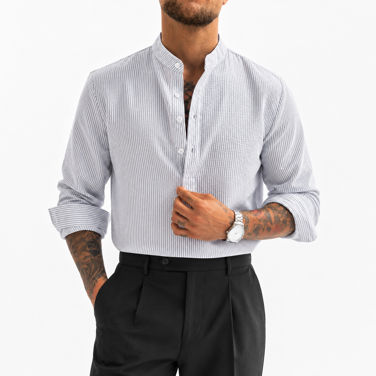 LAURENT MONACO | CHEMISE À COL MONTANT À RAYURES POUR HOMMES