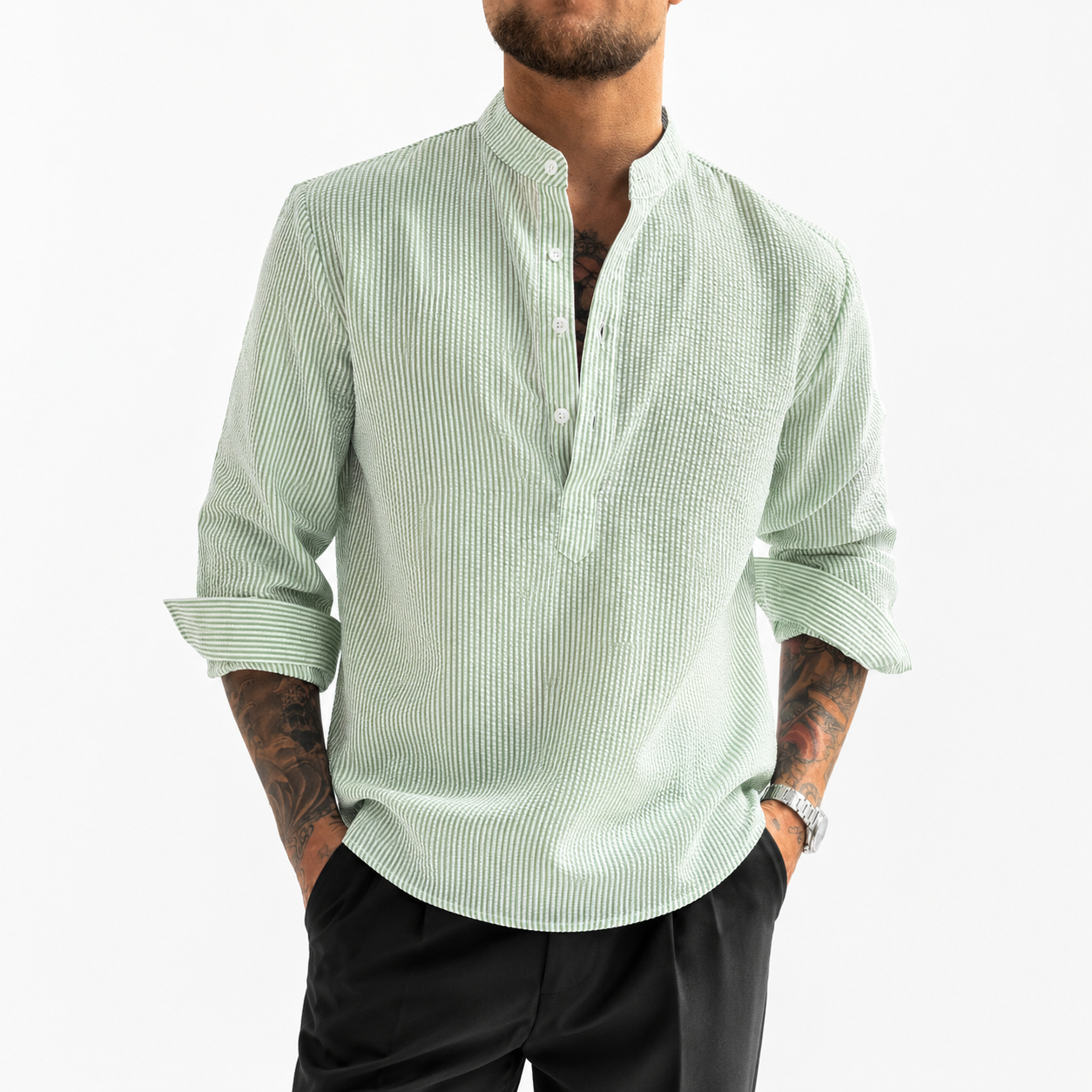 LAURENT MONACO | CHEMISE À COL MONTANT À RAYURES POUR HOMMES