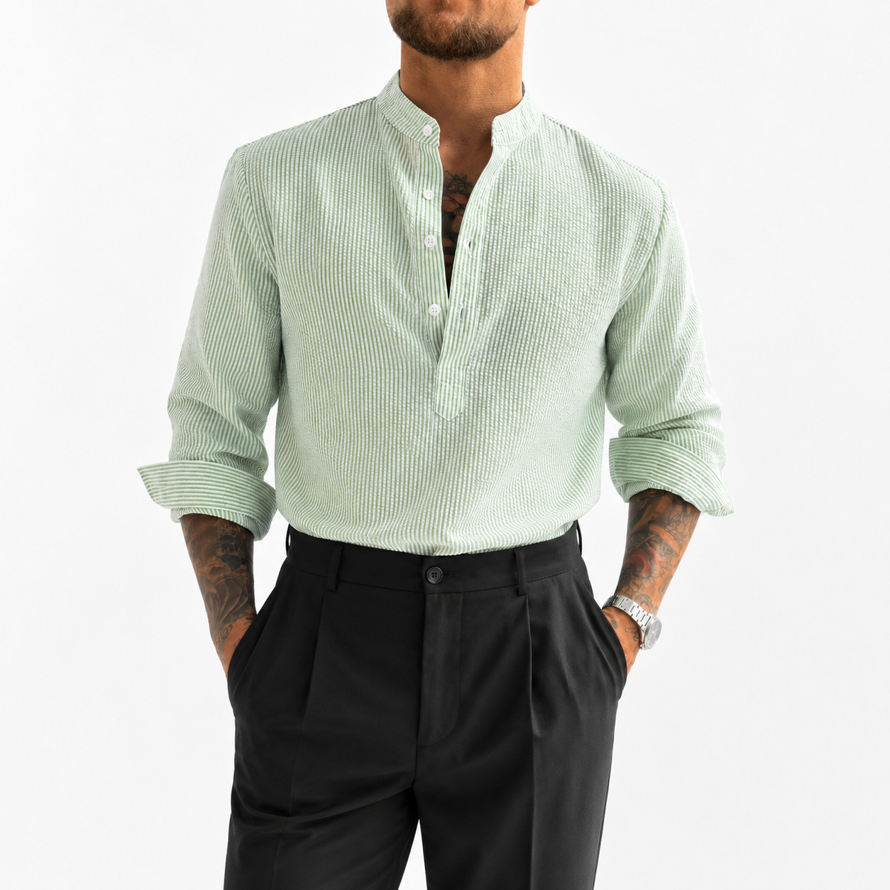 LAURENT MONACO | CHEMISE À COL MONTANT À RAYURES POUR HOMMES