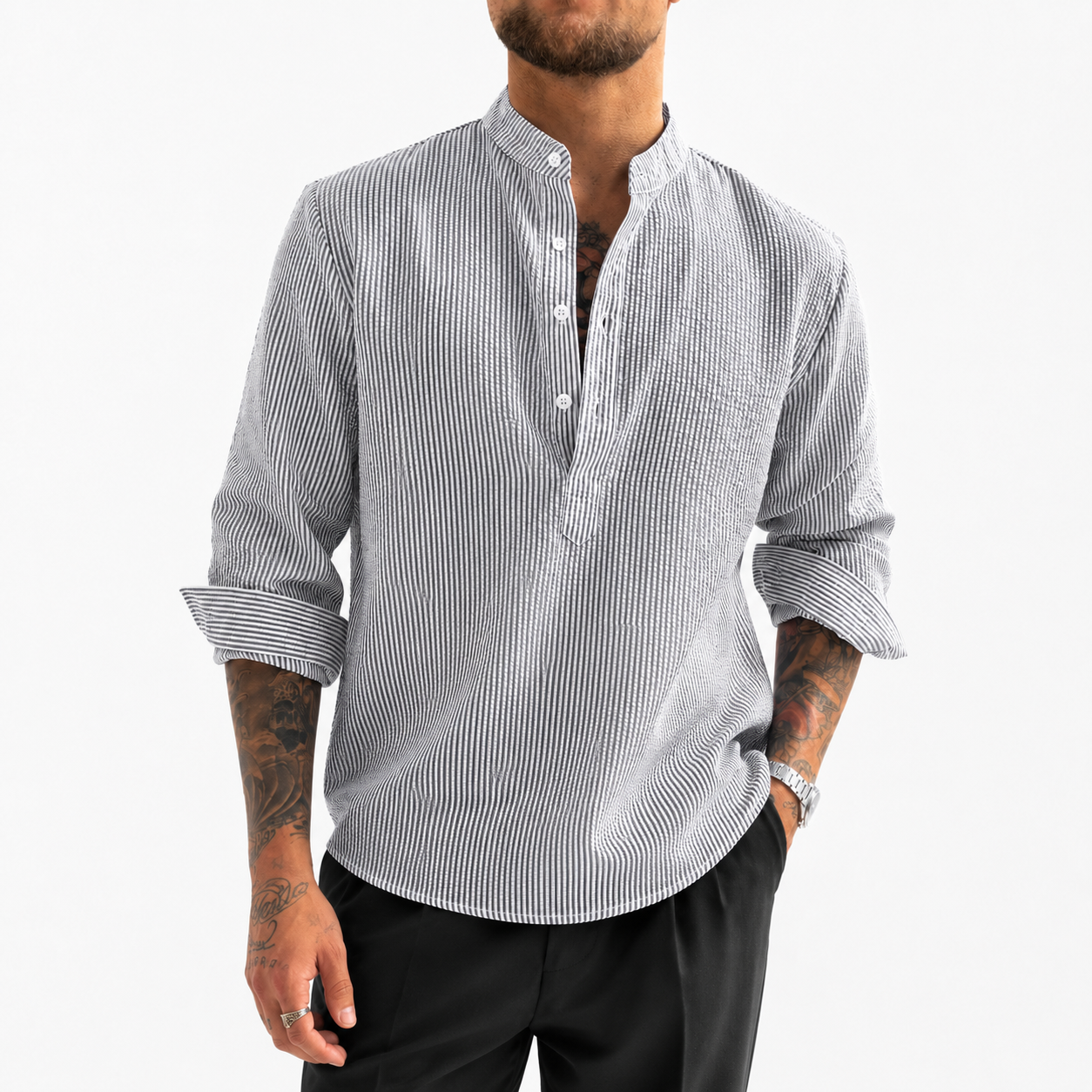 LAURENT MONACO | CHEMISE À COL MONTANT À RAYURES POUR HOMMES