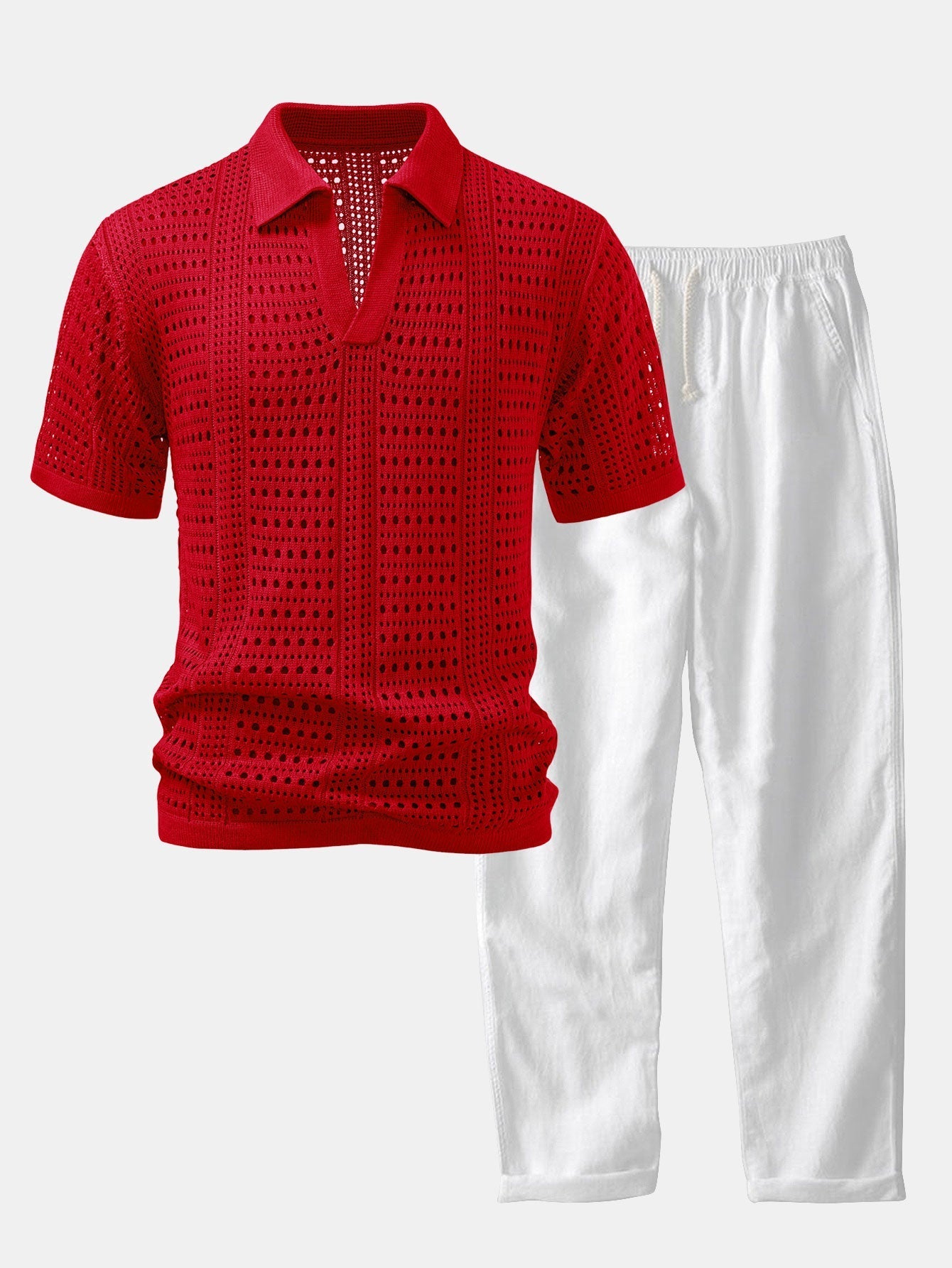 POLO A V IN CROCHET & PANTALONI IN LINO CON GAMBA DRITTA