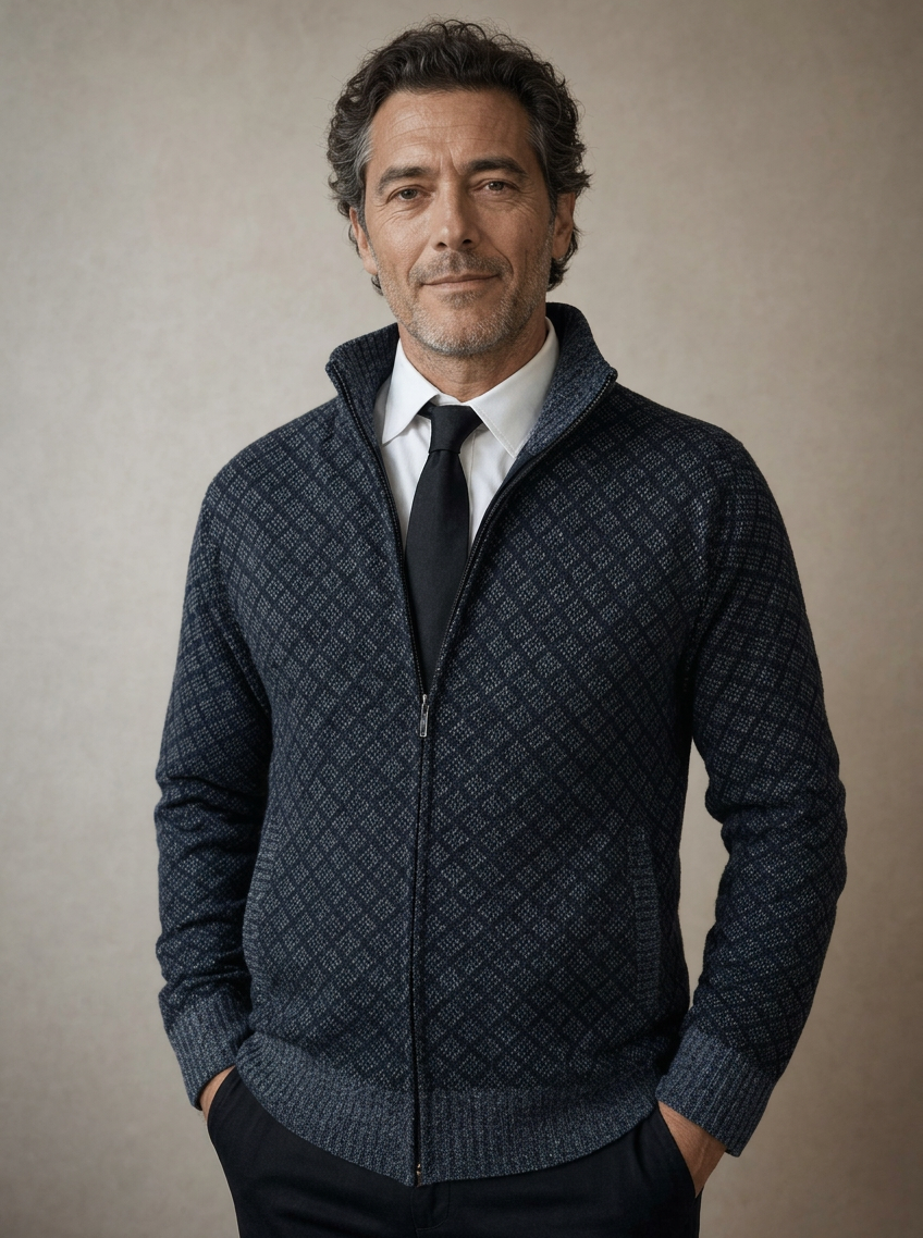 LAURENT MONACO | PULL MATELASSÉ À MOTIF DE LOSANGES ET FERMETURE ÉCLAIR POUR HOMMES